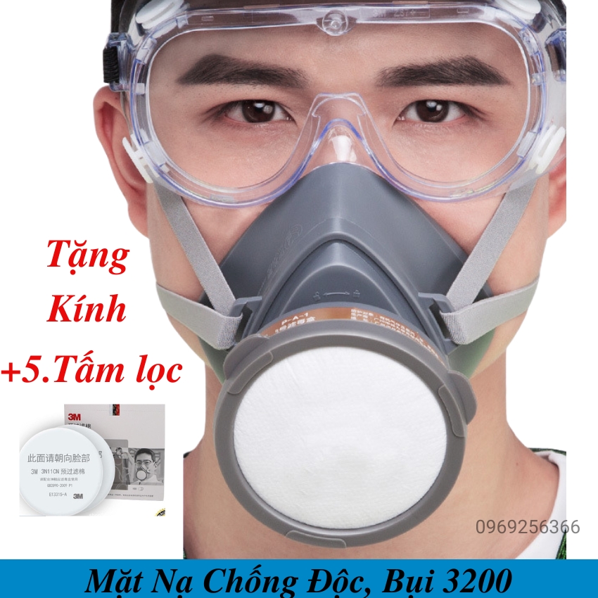 Mặt nạ phòng độc 3m 3200 phun sơn ,trừ sâu hóa chất ,Chống khói bụi nhà máy Có Tăng kính và 5 tấm bông