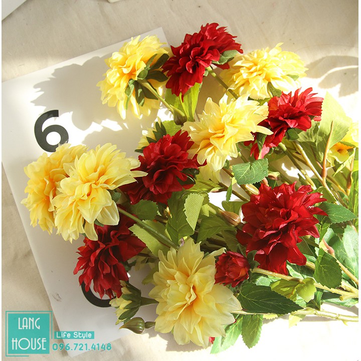 Hoa giả hoa lụa - hoa thược dược cao cấp giống thật 1 cành 4 bông