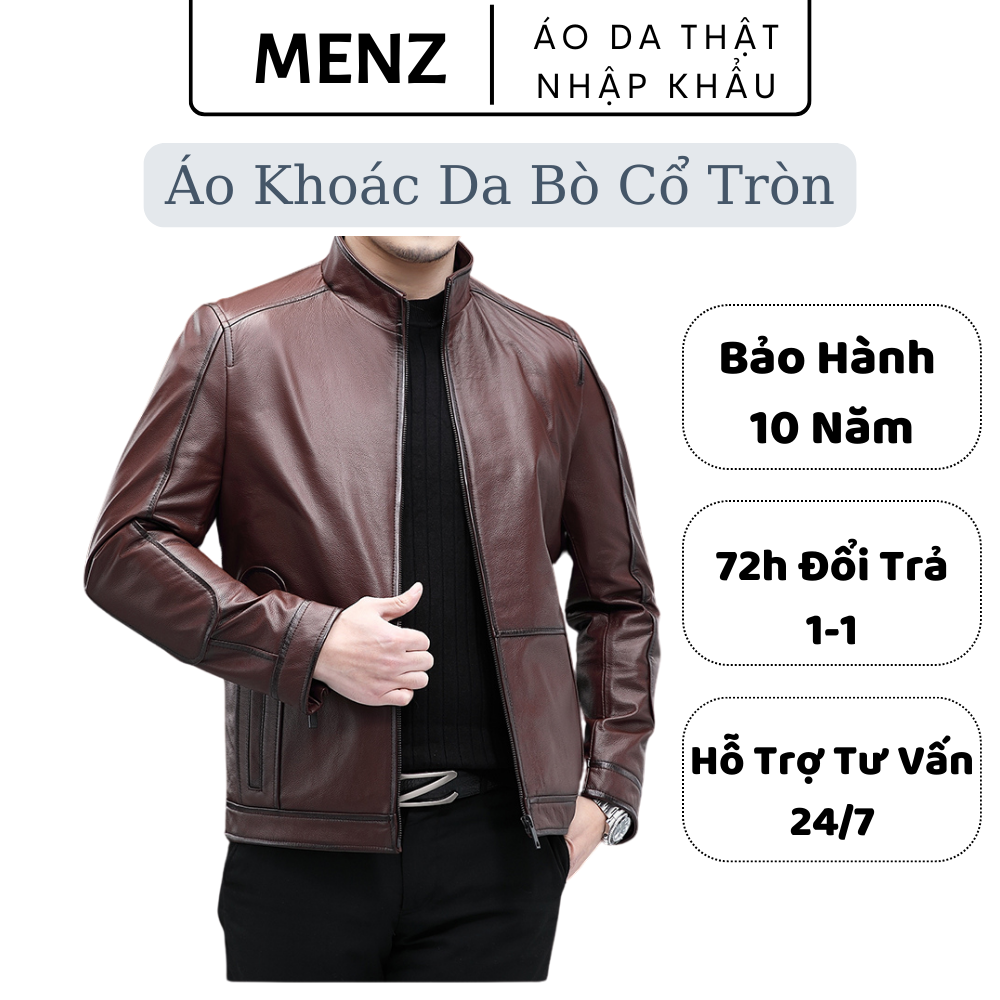 Áo khoác nam da bò, áo jacker da bò nâu đỏ nk, form classic, chất liệu da tấm hoàn toàn nguyên chất, bảo hành lên tới 10 năm