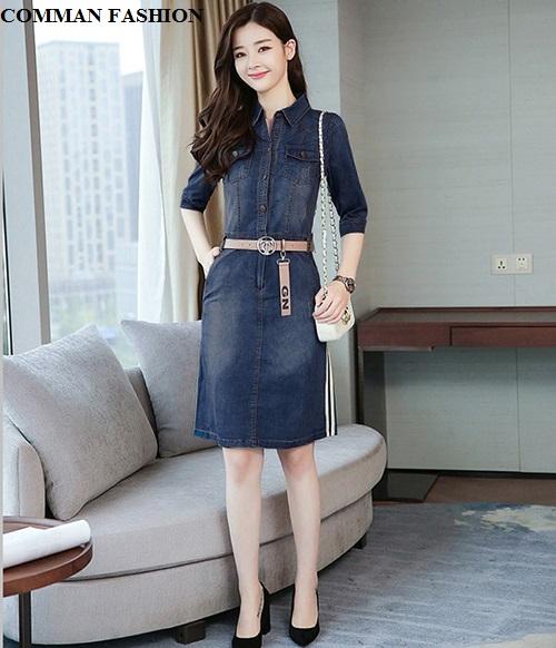 [HCM]CAO CẤP Đầm Jean Cổ Bẻ Phối Sọc 3802