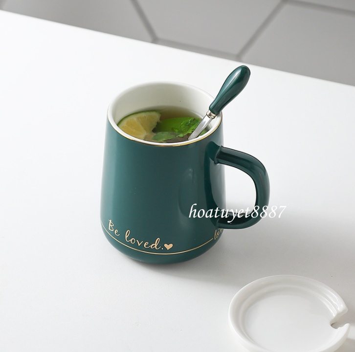 Ly Cốc sứ cao cấp uống trà cà phê văn phòng dung tích 420ml có nắp và thìa