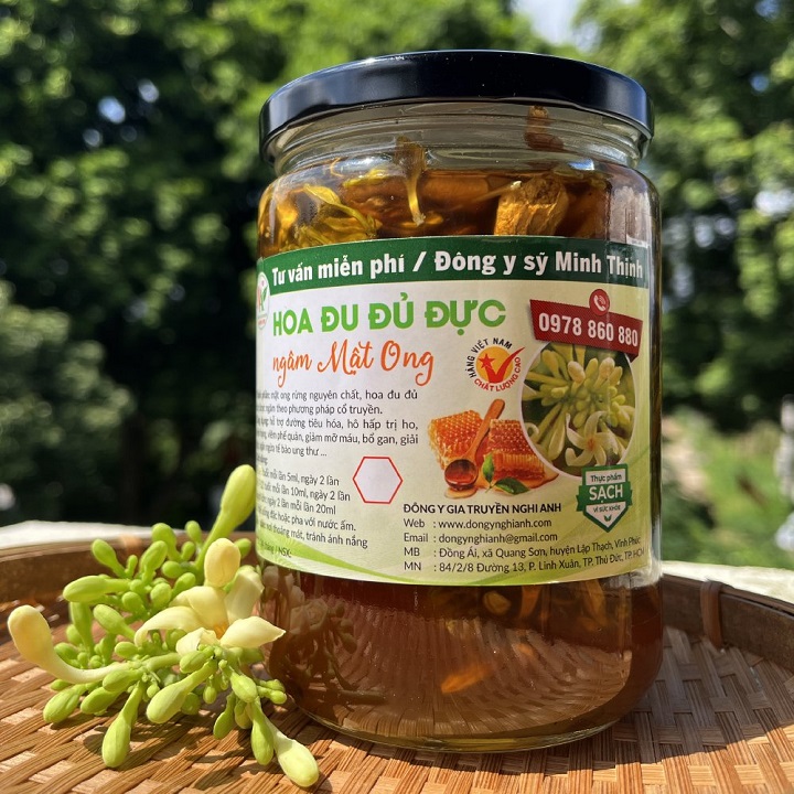 Hoa đu đủ đực ngâm mật ong rừng nguyên chất hũ 900g - tốt cho sức khỏe - sản phẩm từ đông y nghi anh