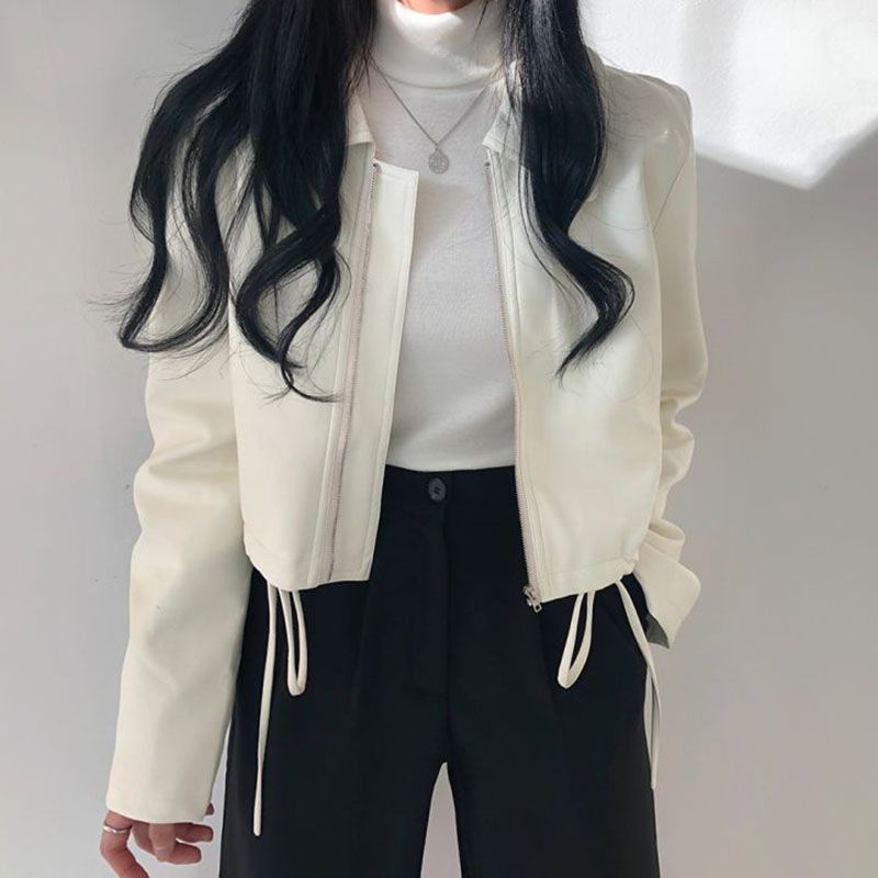 Hàn Quốc chic Mùa Thu Đẹp Trai Cổ Bẻ Khóa Rộng Rãi BF Phong Cách Giản Dị Ngắn Người Nhỏ Áo Khoác Da Xe Máy