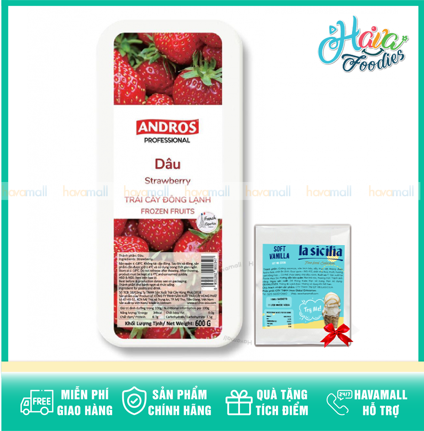 [CHỈ GIAO HỎA TỐC 2H TẠI HCM-Tặng Kèm Bột Làm Kem 50g] Dâu Tây Đông Lạnh Andros Hộp 600g – Frozen Strawberry