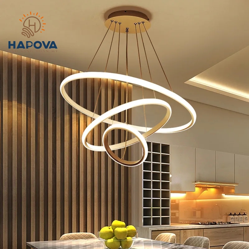 Đèn treo trần phòng khách HAPOVA MAYA 1011 viền vàng cỡ 20-40-60