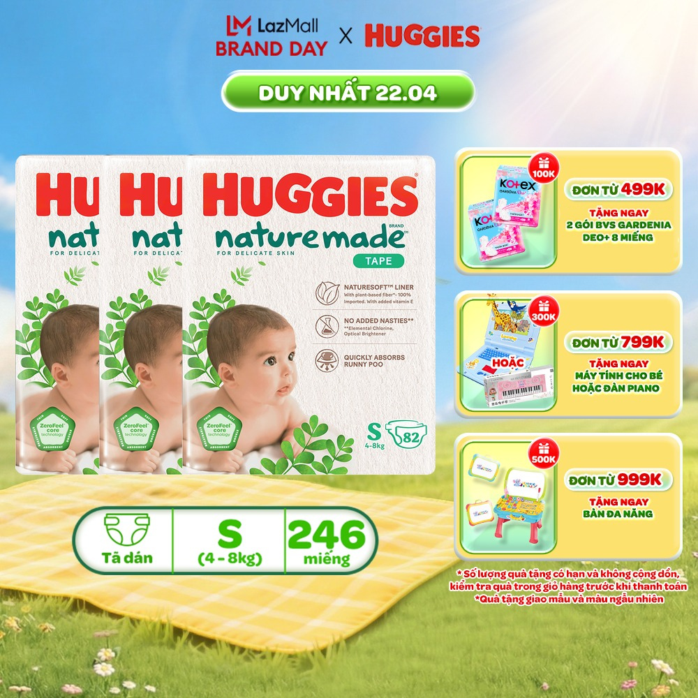 Combo 3 Tã/Bỉm dán sơ sinh Huggies NatureMade S82 (4-8kg)-Gói Super Jumbo 82 miếng