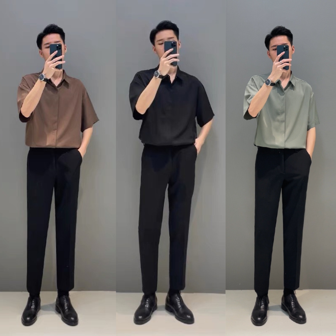 Áo sơ mi nam cộc tay vải lụa trơn , form rộng tay lỡ dáng công sở Hàn Quốc cao cấp