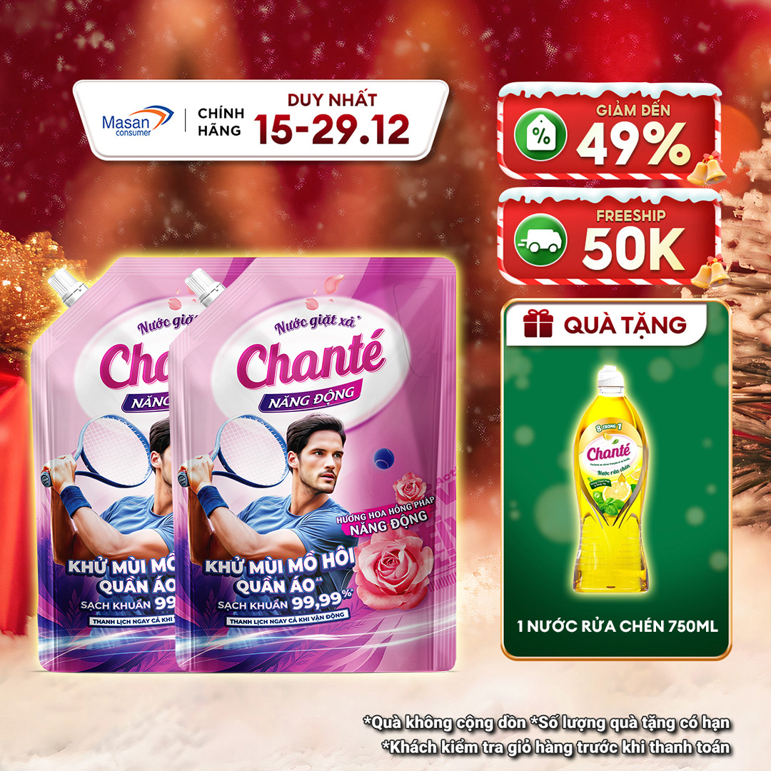   15.12-29.12 Voucher 18% CHO ĐƠN TỪ 159K  Combo 2 Nước giặt xả Chanté Active cao cấp 8 trong 1 túi x 3.2kg 