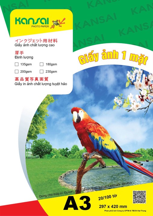 Giấy in ảnh Kansai 1 mặt bóng, khổ A3, định lượng 180gsm, 20 tờ