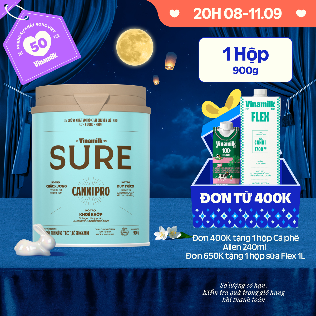 Sữa bột Vinamilk SURE CanxiPro 900g (Hộp thiếc) - Sữa bổ sung Canxi, Tốt cho xương khớp
