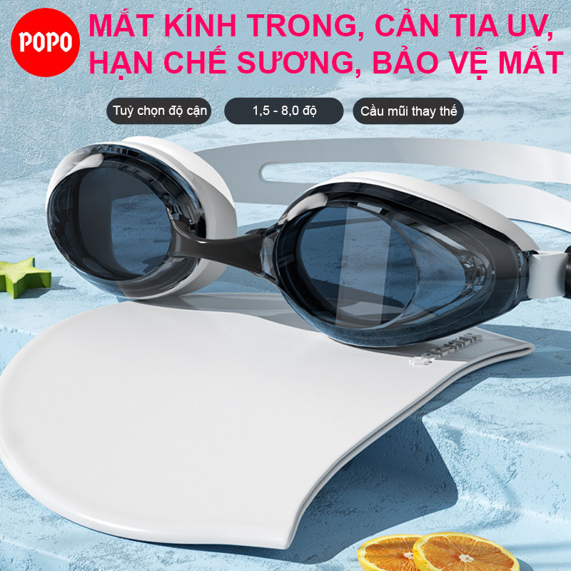 Kính bơi cận thị 1.5 đến 8.0 độ POPO 613 cho người lớn và trẻ em từ 6 tuổi chống tia UV, hạn chế sương mờ