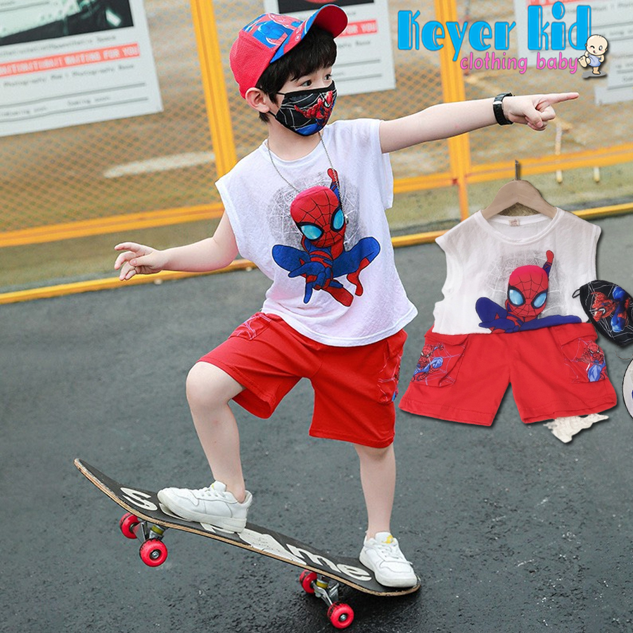 [HCM][SALE Đồ Hè] Bộ Quần Áo Thời Trang Trẻ Em Mặc Hè  Sét SIêu Nhân Người Nhện Vải Cotton Quần 2 Túi In Hình Vải Co giãn Thấm Hút Tốt KEYER KID VN SZ93