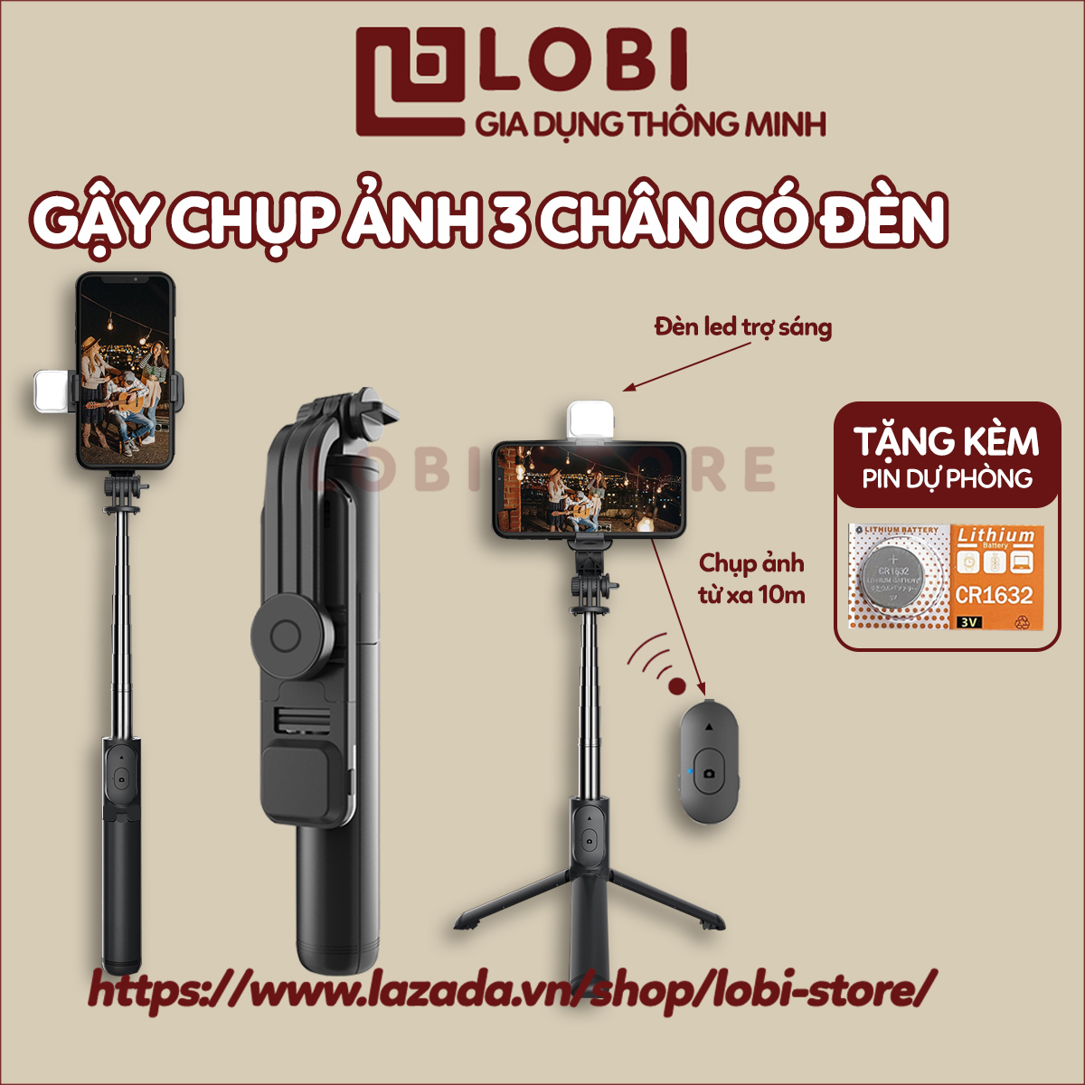 Gậy chụp ảnh 3 chân có đèn led trợ sáng Gậy tự sướng selfie chụp hình bluetooth điều khiển từ xa xoay nhiều góc độ