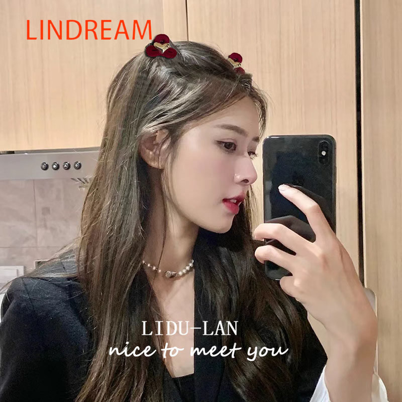LINDREAM Nơ nhung đỏ kẹp nhỏ phụ kiện tóc công chúa lưới màu đỏ 2022 kẹp tóc mới