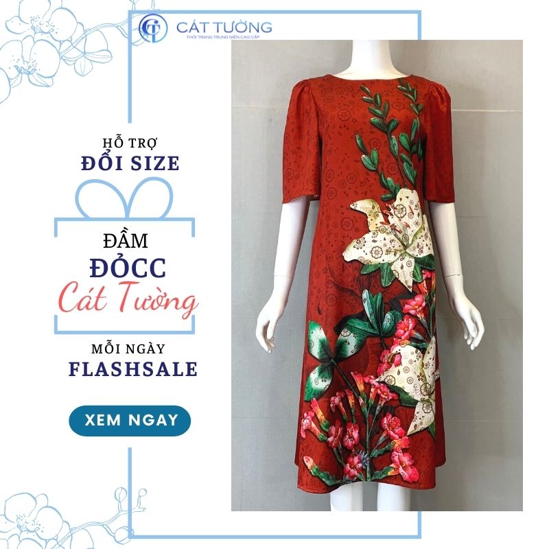 Đầm gấm Cát Tường họa tiết hoa sang trọng nổi bật cao cấp - Thời trang Cát Tường
