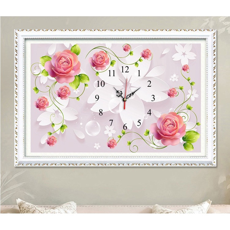 Tranh đính đá Đồng hồ hoa hồng 80x53cm - chưa đính