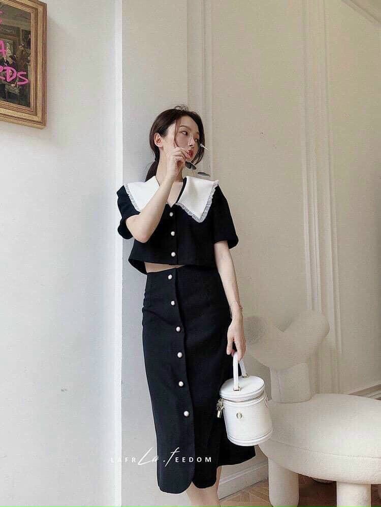 Set áo croptop chân váy dài đính nút cực xinh
