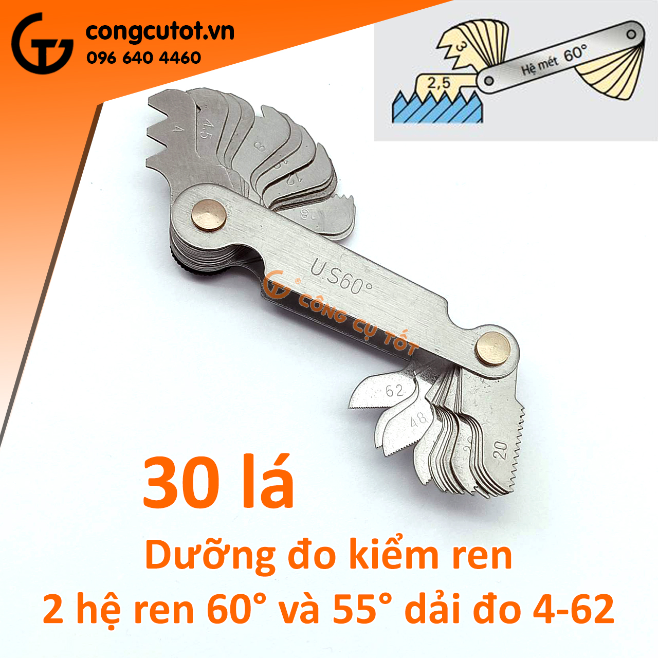 Bộ thước dưỡng đo ren - thước đo taro tạo ren 60° hệ Mỹ 30 lá dải đo 4-62 bước ren mỗi inch