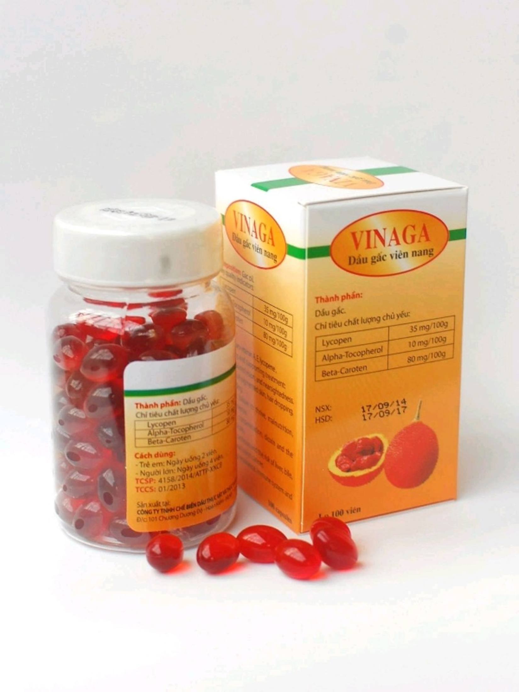 Sáng mắt, bổ não, đẹp da, thon dáng - Viên dầu gấc VINAGA  bổ sung tinh chất quả gấc-Hộp 100 viên