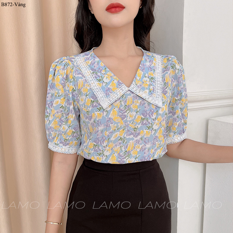 Áo sơ mi hoa cổ v phối ren -b872