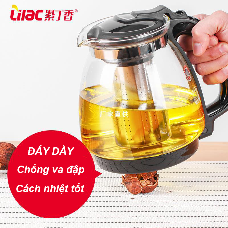 Bình lọc trà thuỷ tinh chịu nhiệt lilac s825, ấm pha trà, bình pha trà thủy tinh có lõi lọc inox 304; dung tích 1350ml, 2000ml