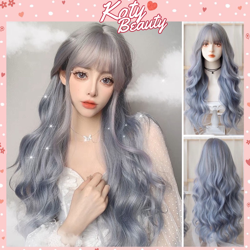 Tóc giả nguyên đầu ❤️KOTY BEAUTY❤️ tóc giả xoăn dài Lolita xanh mix tím tặng kèm lưới trùm