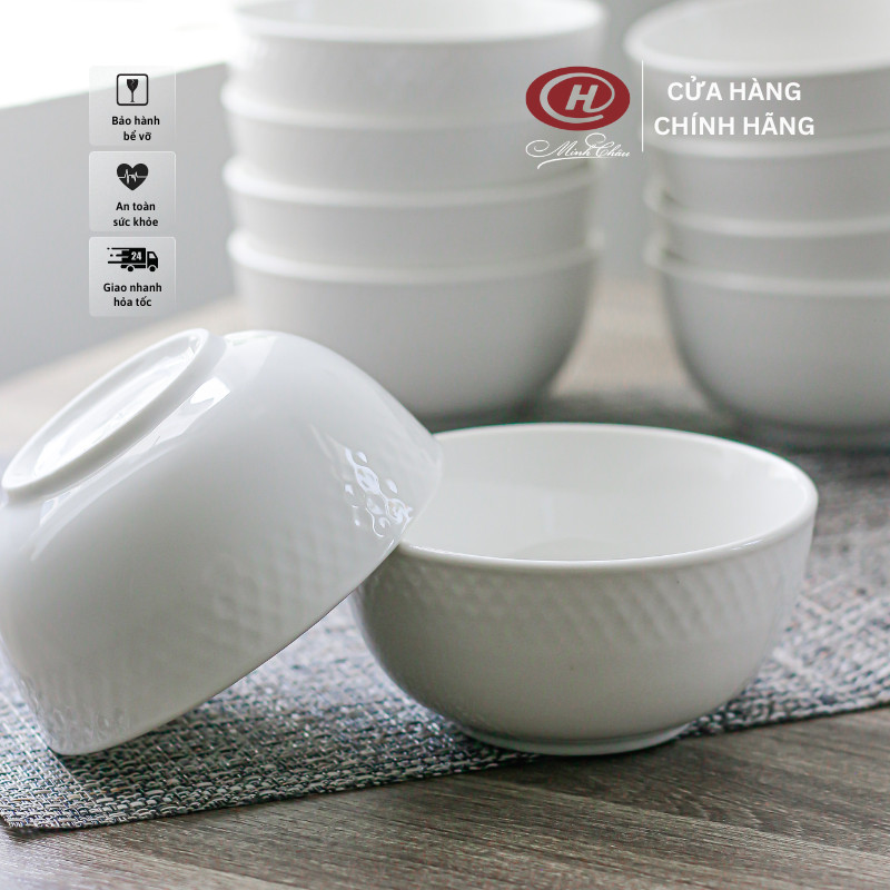 Bộ bát cơm viền sần trắng trơn - sứ minh châu - vỡ 1 đổi 1