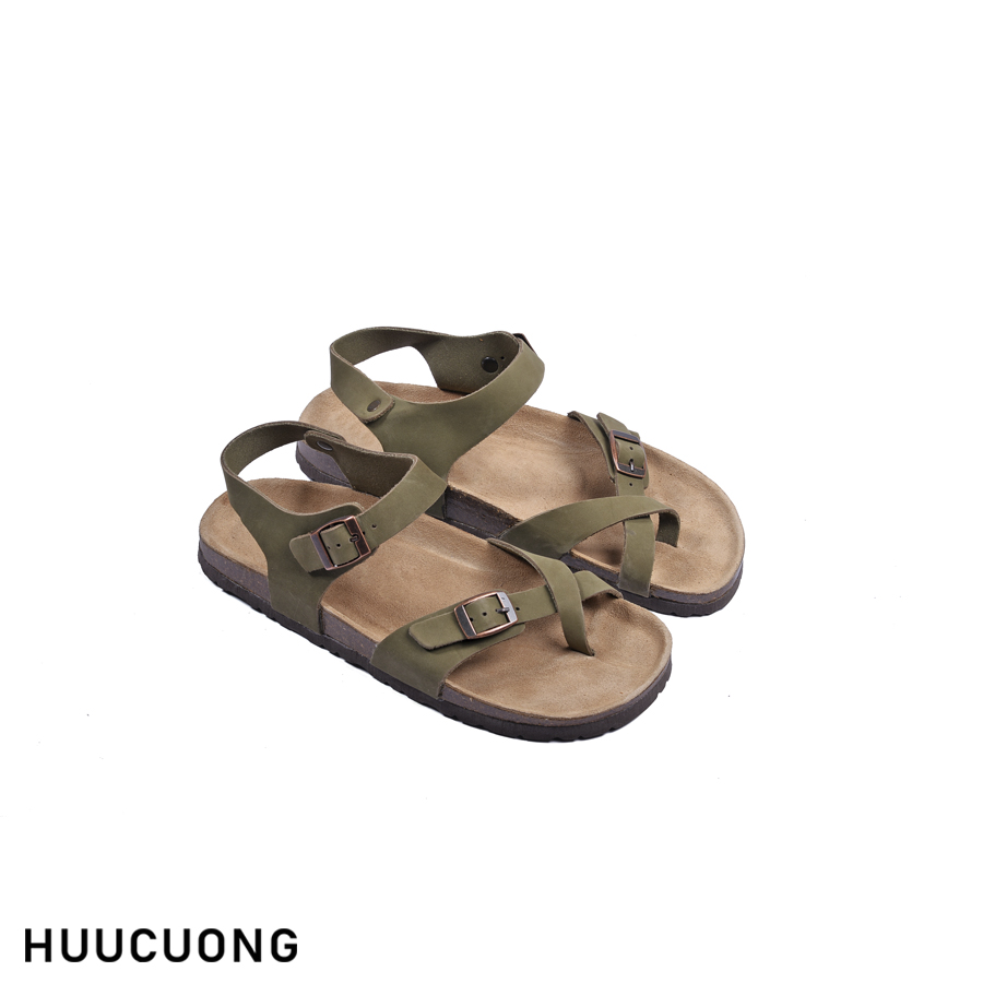 Giày sandal nam nữ xỏ ngón da bò xanh rêu đế trấu cao cấp