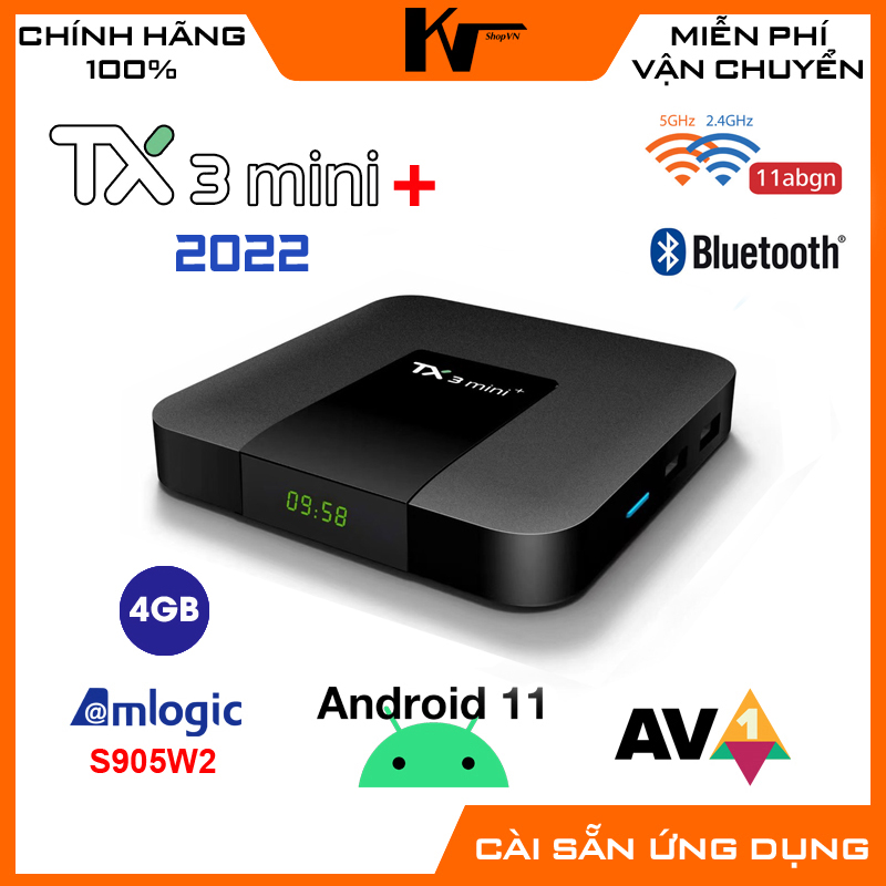 Android tv box tx3 mini plus, new 2022, s905w2, ram 4gb, bộ nhớ 32gb, androidtv 11.0, wifi 5ghz, bluetooth, tặng tài khoản xem phim