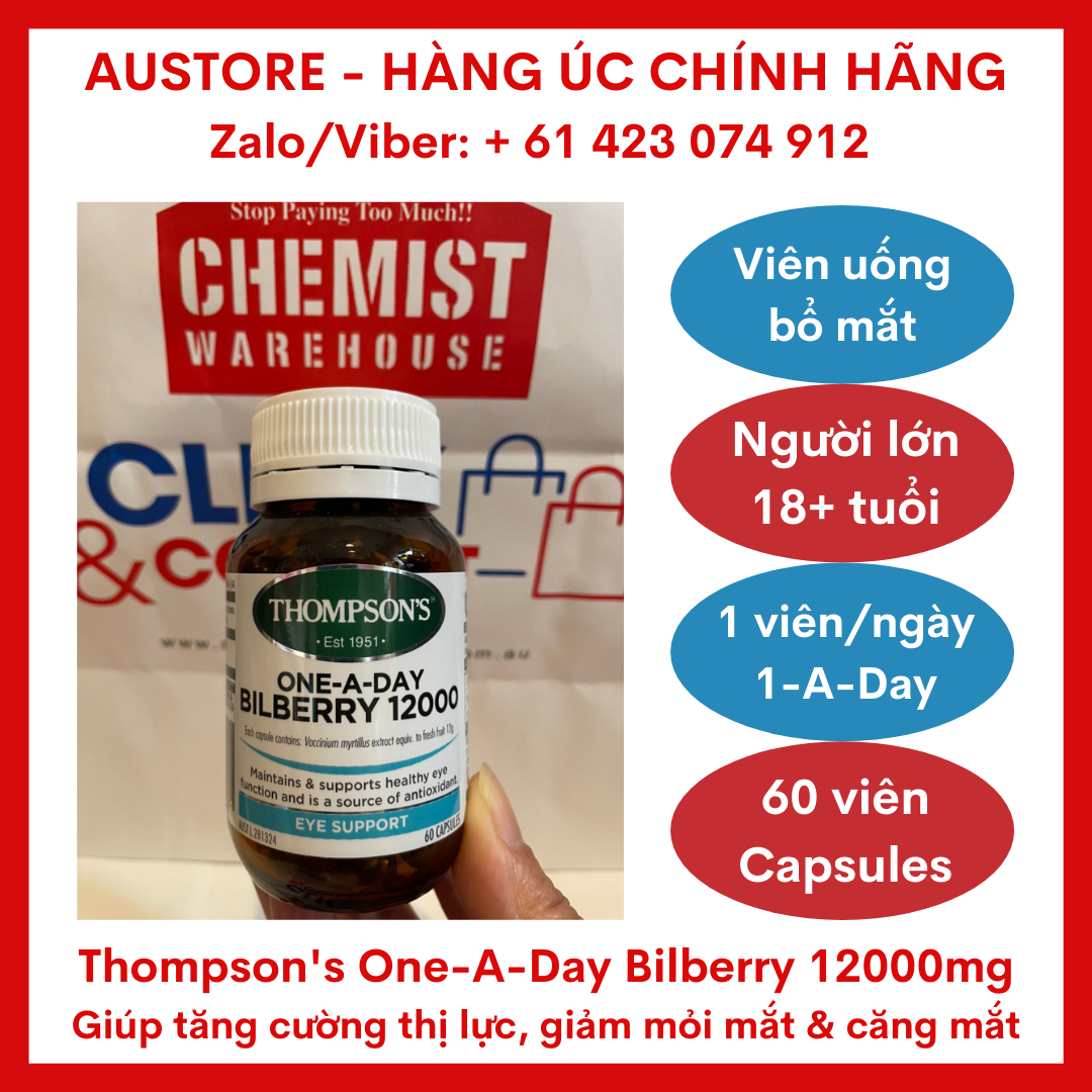 [Bill Úc] Thompson's One-A-Day Bilberry 12000mg 60 Capsules - Viên bổ mắt Thompson Bilberry hàm lượng cao 1 viên/ngày giúp tăng cường thị lực, giảm bớt mỏi & căng mắt