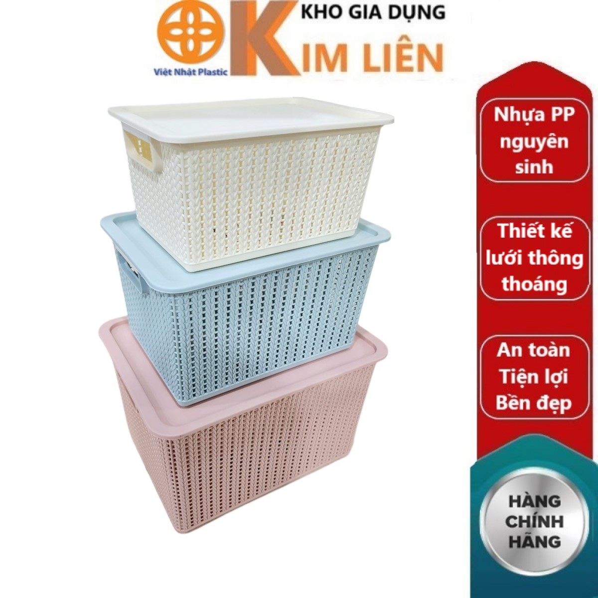 Combo 3 rổ đan nắp chữ nhật nhựa việt nhật 3415 - đựng thực phẩm, vật dụng, đồ chơi cho bé
