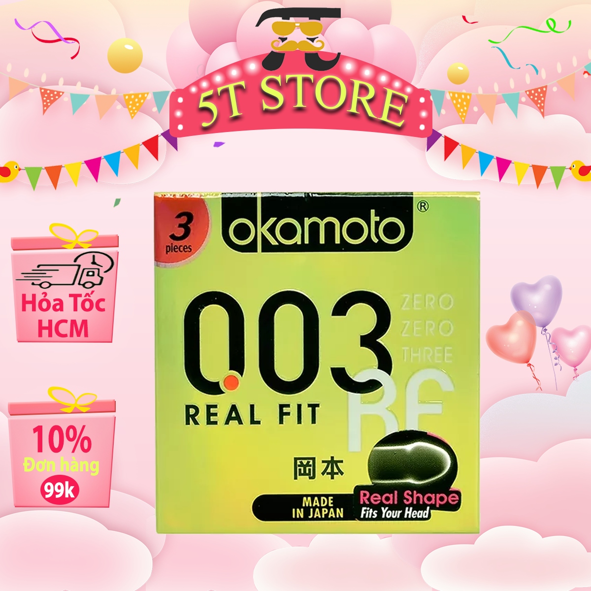 Bao Cao Su Siêu Mỏng  0.03mm Okamoto Real Fit - Chống Tuột, Ôm Sát - Hộp 3 Cái - 5T STORE