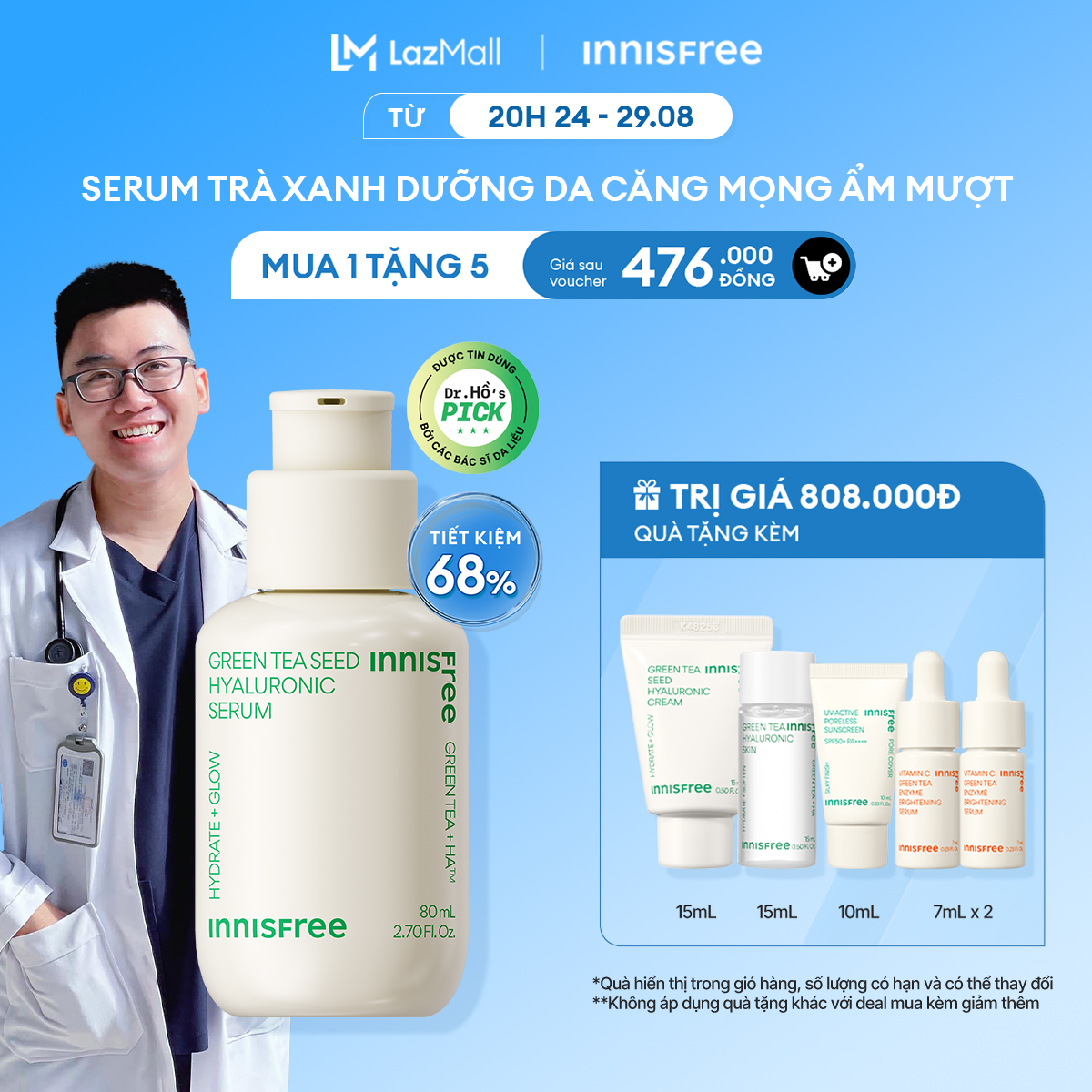 Serum dưỡng ẩm cấp nước tức thì INNISFREE Green Tea Seed Hyaluronic Serum