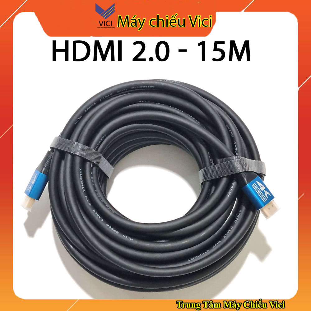 Dây cáp HDMI 15m 4K HDTV chuyên dùng cho máy chiếu lớp học. Dây đen tròn, tín hiệu chuẩn chống nhiễu tốt.