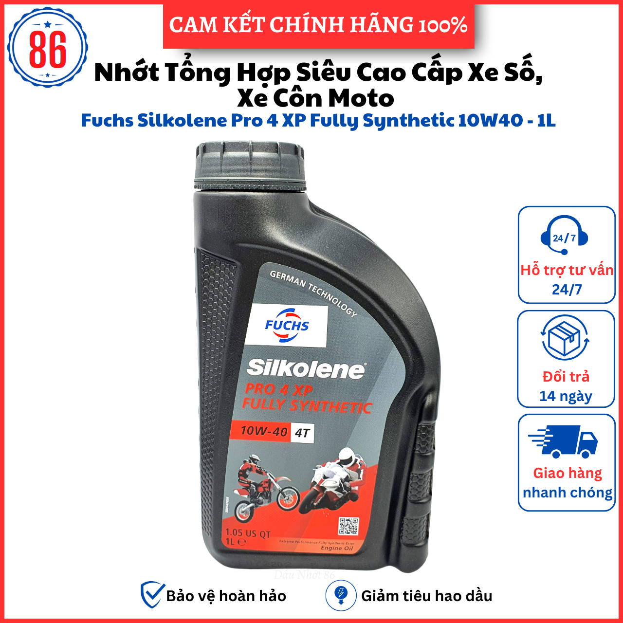 Fuchs Silkolene Pro 4 10W-40 1L- Nhớt Tổng Hợp Toàn Phần cho xe số, côn tay, moto - Made in UK