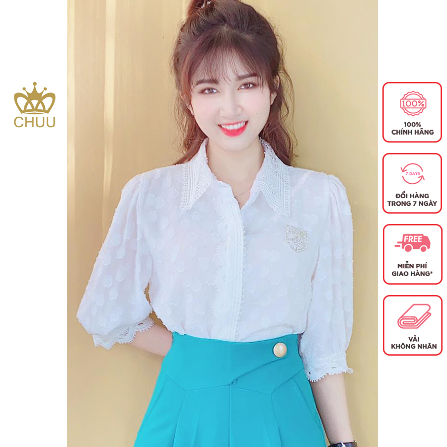Áo sơ mi nữ công sở kiểu cổ ren tay phồng xinh xắn CHUU A6995