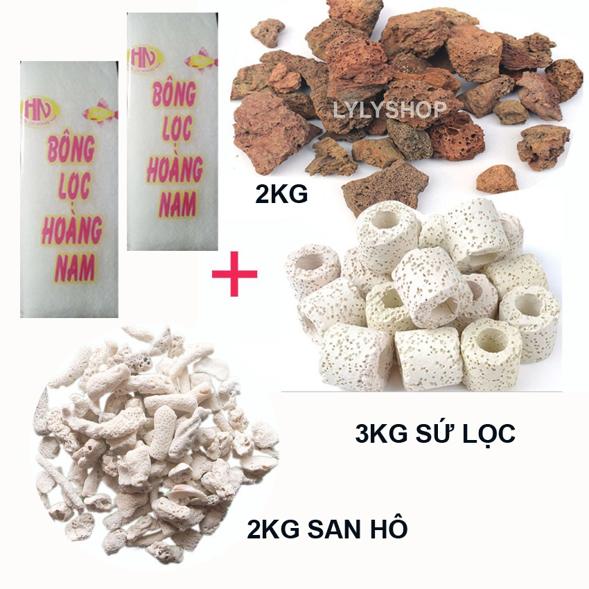 Bộ 2 bông lọc bể cá +2kg San hô+2kg đá nham thạch + 3kg sứ lọc bể cá