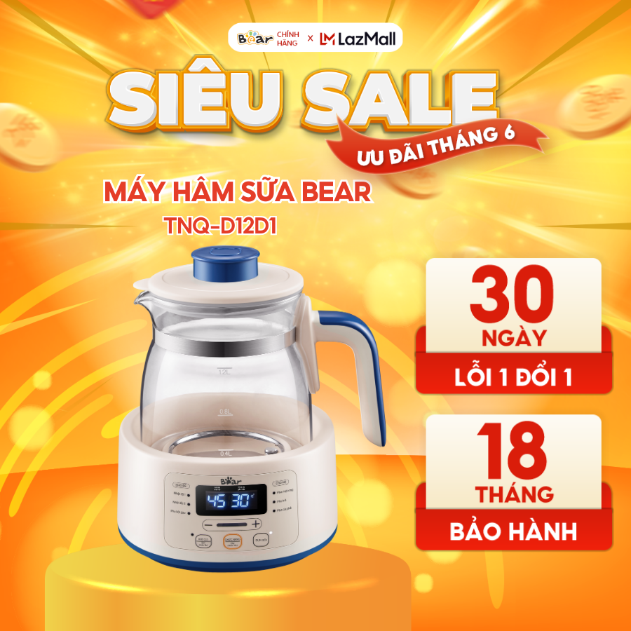Máy hâm sữa đun nước bear d12d1 đa năng thông minh khử clo pha sữa an toàn cho bé bản tiếng việt dễ dàng sử dụng