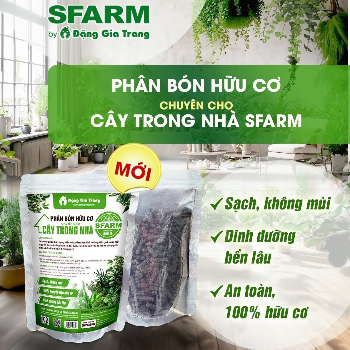 Phân bón hữu cơ chuyên trồng cây trong nhà SFARM (Đặng Gia Trang) - sạch, không mùi, an toàn, dạng viên nén, gói 500gr