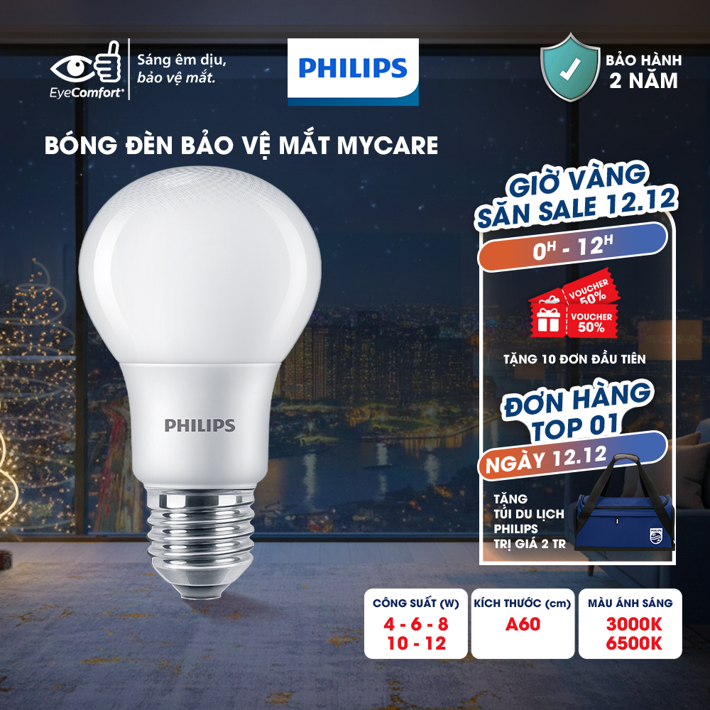  Bóng đèn Philips LED Bulb A60 bảo vệ mắt Mycare Công suất  4W,6W,8W,10W,12W   01 bóng  