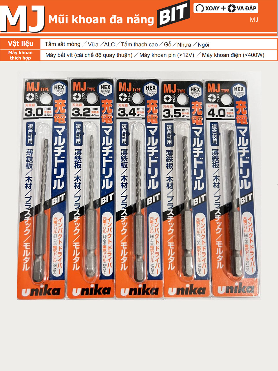 Mũi khoan đa năng Unika 3mm đến 10mm chân lục giác mã MJ