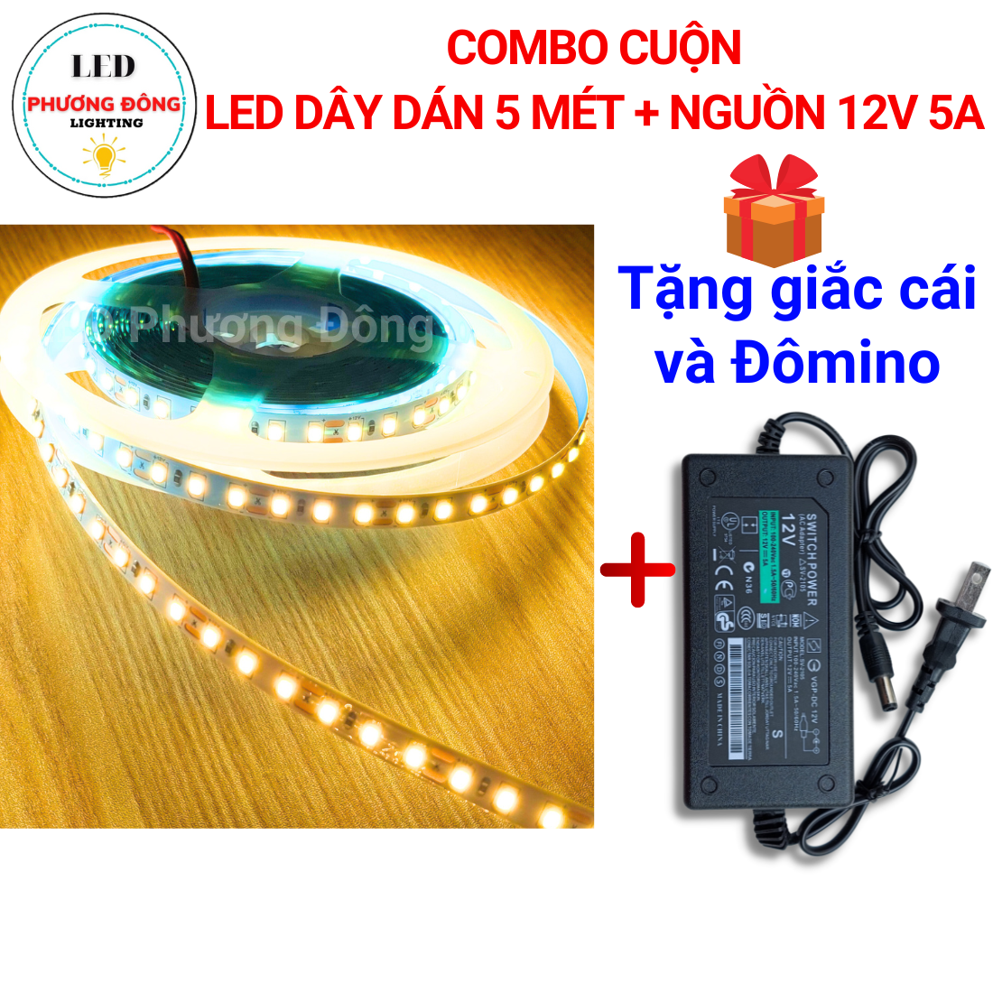 Combo Cuộn Đèn LED dây dán 5m + Nguồn 12V - 5A - Tặng giắc cái và Đômino