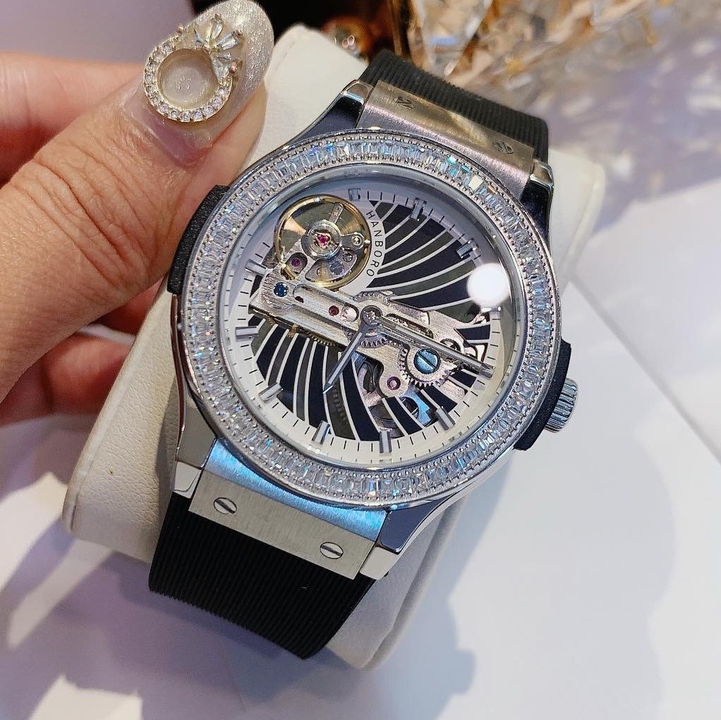 [HCM]Đồng Hồ Nữ Hanboro Automatic Dây Silicon Đen Silver Chính Hãng 36mm