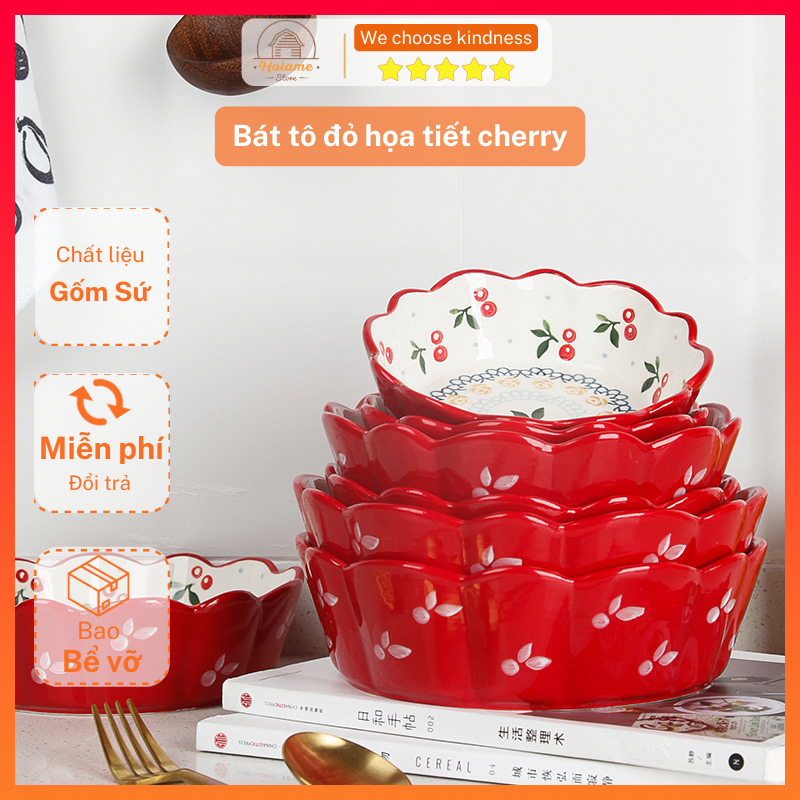 Tô sứ, bát sứ đẹp phong cách Hàn Quốc họa tiết cherry dùng làm bát ăn dặm cho bé, bát đựng salad