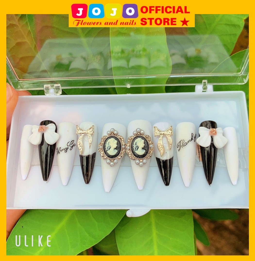 Set 24 móng giả,Nailbox thiết kế trắng đính đá,đính charm tiểu thư đẹp sang chảnh PP36