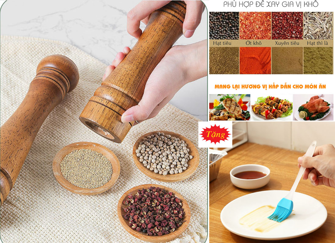 Dụng cụ xay tiêu bằng gỗ đặc an tooàn cho sức khỏe/Cối nghiền gia vị khô thủ công chất liệu gỗ 22cm-Tặng cọ quét gia vị đa năng silicone