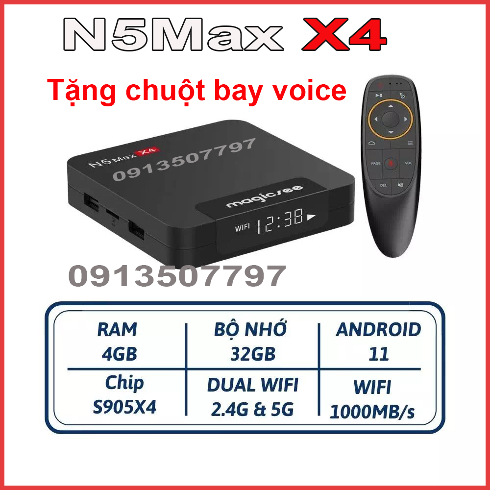 Android tivi box Magicsee N5 max X4 chip S905X4 , Android 11 , Ram 4GB , bộ nhớ 32GB , phiên bản 20223kèm tặng điều khiên tìm kiếm giọng nói