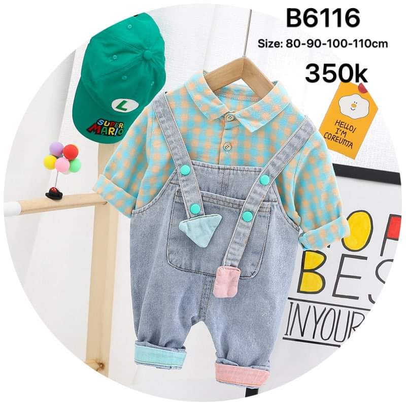 Sét yếm bé trai áo sơ mi sọc xanh + yếm jean