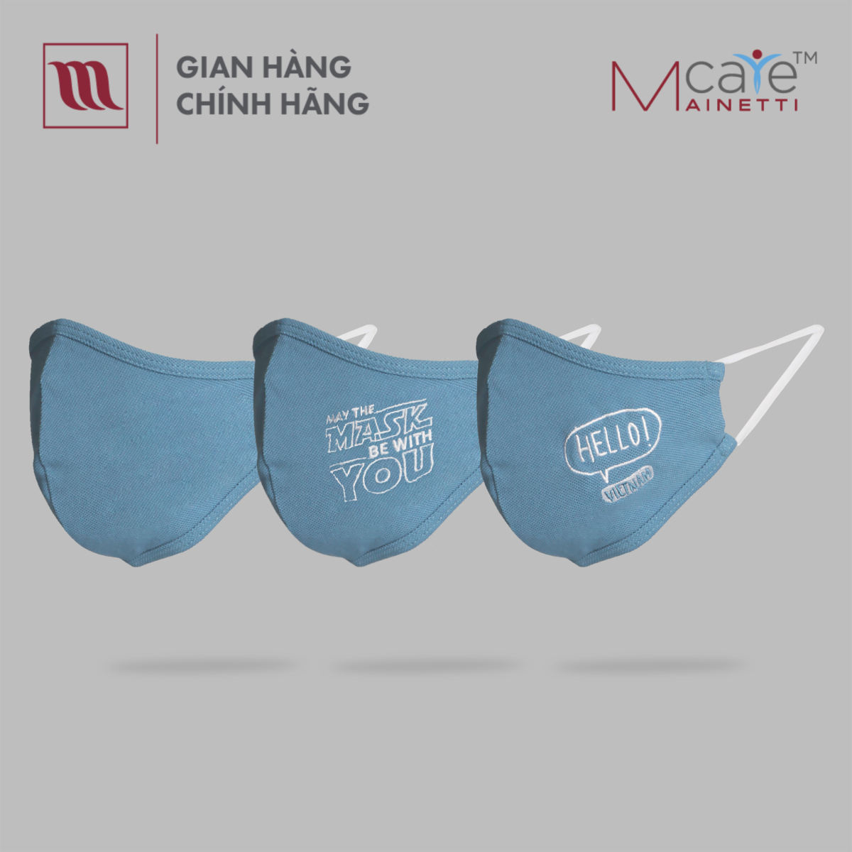 (SIZE M) Bộ 3 cái khẩu trang vải kháng khuẩn MainettiCare, lớp ngoài 100% cotton, lớp lót vải TC kháng khuẩn.