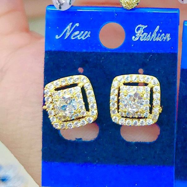 Bông tai vàng bạc vuông đính đá sang trọng- BT86227 Juri Shop - Chất Liệu Lõi Bạc Pha Cao Cấp - Cam Kết Không Đen, Không Dị Ứng